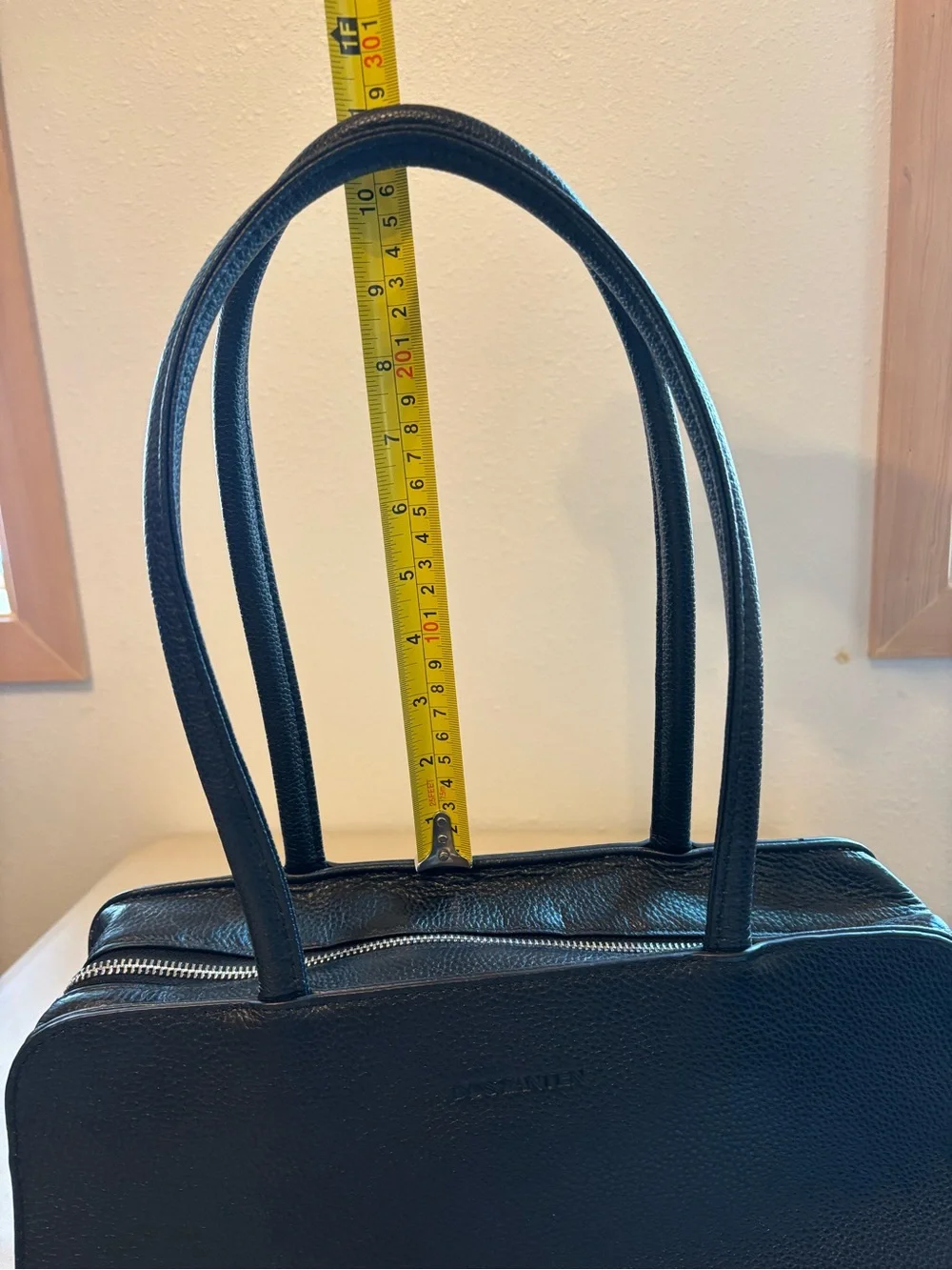 Bostanten Black Pebble Leather Shoulder Bag with Front Zip Pocket - Picture 8 of 13